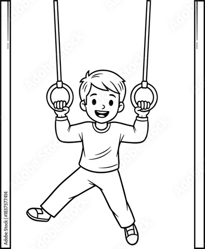 Cartoon boy, gymnastics rings, playful child, smiling face, athletic pose, indoor activity, strength, motion, childhood energy, exercise, fun, flexibility, line drawing, illustration