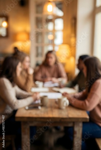 Warm intimate gathering in cozy café with friends enjoying conversation around wooden table, soft ambient lighting and festive bokeh atmosphere