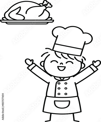 Cartoon chef celebrating, black and white line art, cooked chicken, culinary success, joyful cooking scene, food illustration, kitchen character