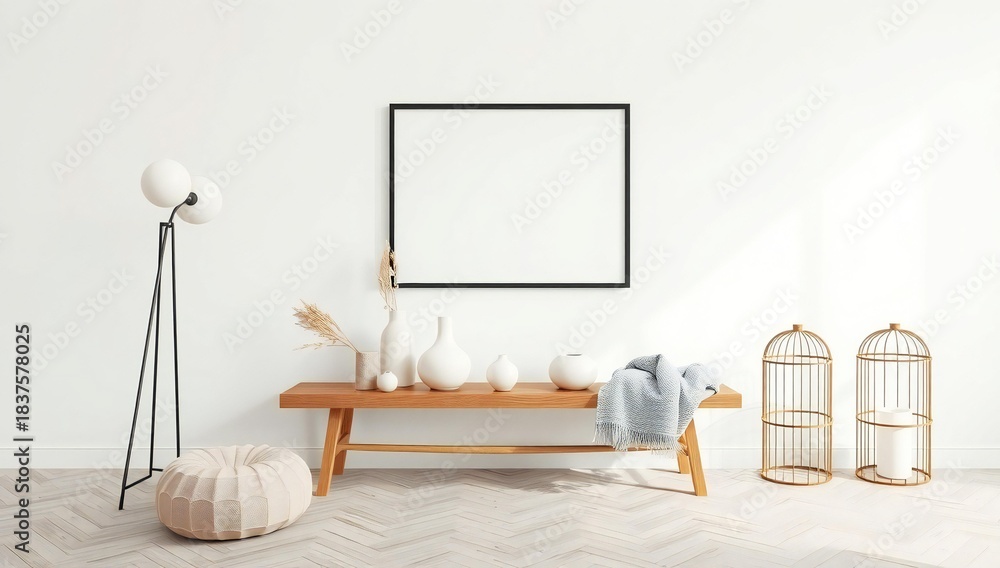 Obraz premium Modern scandinavian entryway with wooden bench and blank framed art