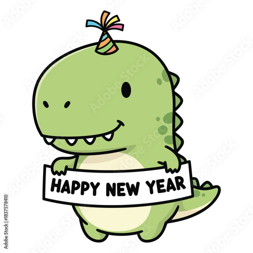Cute dinosaur holding Happy New Year banner wearing party hat