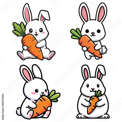 Cute Cartoon Rabbit Set Holding Carrots