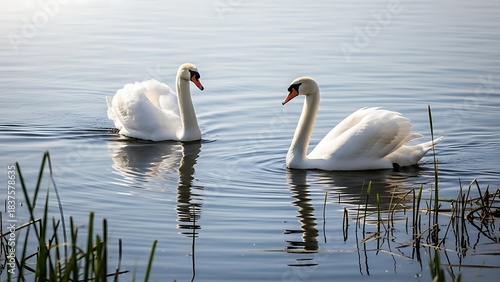 Fototapeta Naklejka Na Ścianę i Meble -  Two elegant white swans glide gracefully across a calm lake, their reflections shimmering on the water’s surface amidst gentle reeds in the early morning light.
