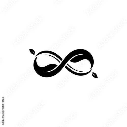 Black infinity symbol stylized with small leaves integrated into the loops
