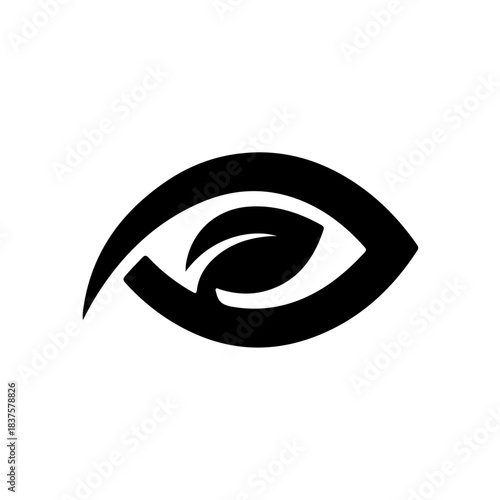 Black and white stylized eye logo with a leaf shape inside