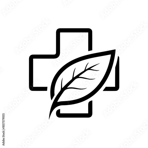 Herbal medicine icon outline of a leaf overlaid on a medical cross symbol