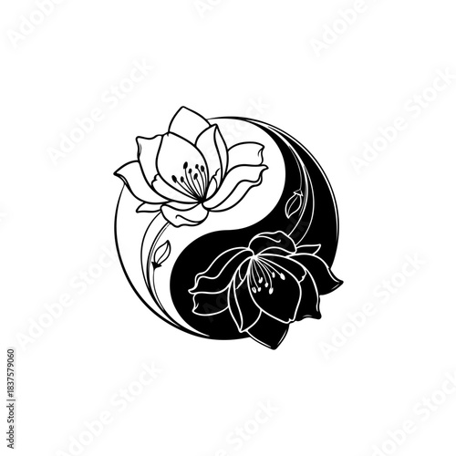 Yin yang symbol with lotus flowers, black and white tattoo design, white