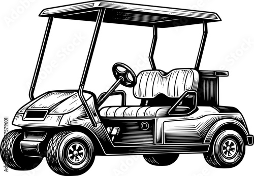 Stylized golf cart illustration with detailed woodcut shading, i
