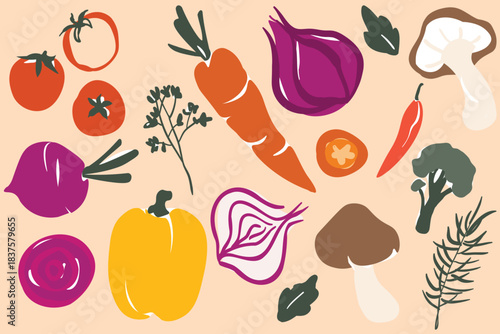 Set of colorful healthy fresh vegetables. Veggies in flat simple design. Autumn harvest. Garden vegetables harvest with tomatoes, garlic, chilli, carrot healthy food