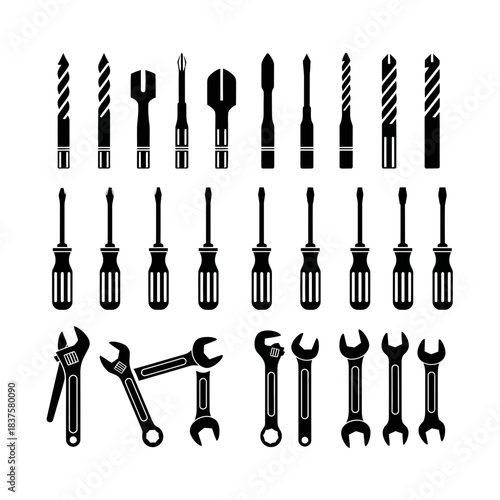 Handyman essentials vector art for DIY projects, featuring wrenches, screwdrivers and drill bits for home improvement and professional repair work