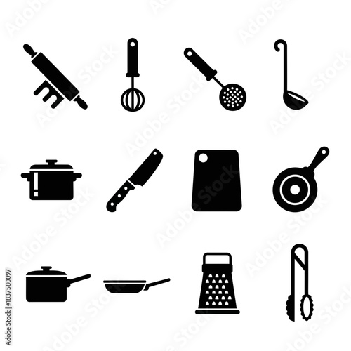 Essential kitchen tool icons for culinary design projects, featuring pots, pans, knives, graters, ladles, and more, perfect for menus and cooking guides
