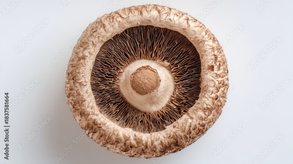 Fototapeta premium Overhead view of a large, flat portobello mushroom cap with detailed gills