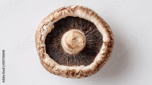 Capside Portobello mushroom seen from beneath on white, showcasing gills and stem detail