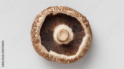 Single portobello mushroom, tan gills radiating from center, cap with beige outer ring