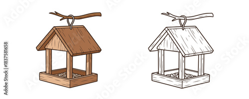 Vector cartoon illustration of a hanging wooden bird feeder house on a branch with seeds inside isolated on white for animal care and nature design