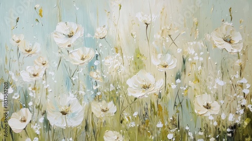 A vibrant canvas featuring delicate white flowers amidst a blue and green backdrop.