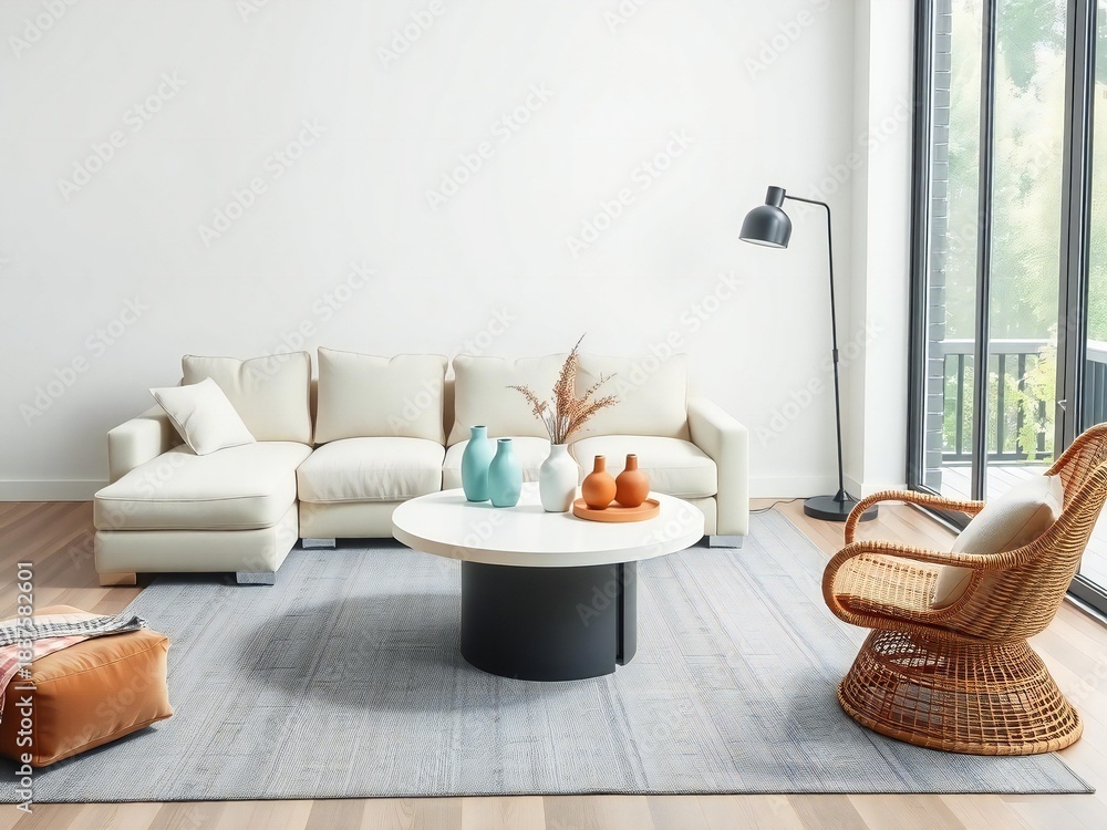 Fototapeta premium Modern living room with comfortable sofa rattan chair and stylish coffee table