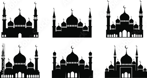 Islamic mosque silhouette set, black vector muslim architecture, arabian building collection with domes and minarets, religious temple for ramadan and eid decoration