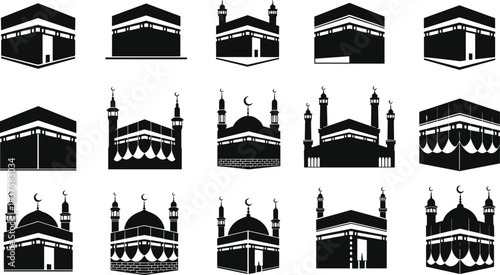 WebKaaba vector icon set, holy mecca illustration, islamic pilgrimage hajj, muslim mosque silhouette, black religion symbol, saudi arabia landmark collection, isolated design