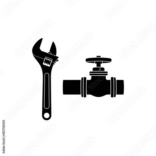 Essential plumbing tools silhouette featuring an adjustable wrench next to a sturdy industrial pipe valve ready for maintenance or repair work