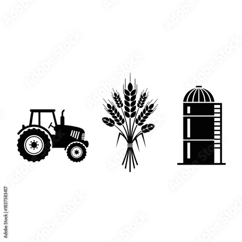 Essential farming icons featuring a tractor, wheat sheaf, and grain silo representing modern agriculture and harvest success