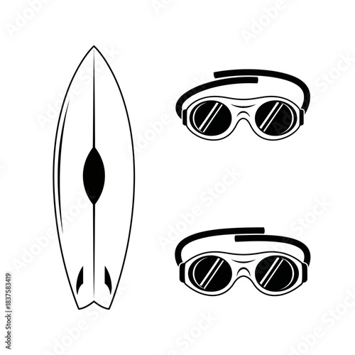 Essential black and white icons featuring a sleek surfboard and two pairs of protective swimming goggles ready for aquatic adventure
