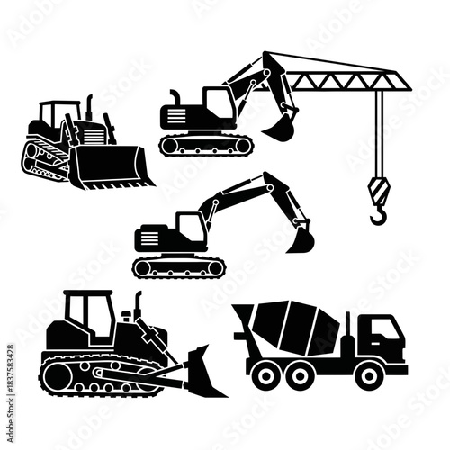 Collection of professional black silhouette heavy machinery icons featuring excavators bulldozers and concrete mixer trucks for projects