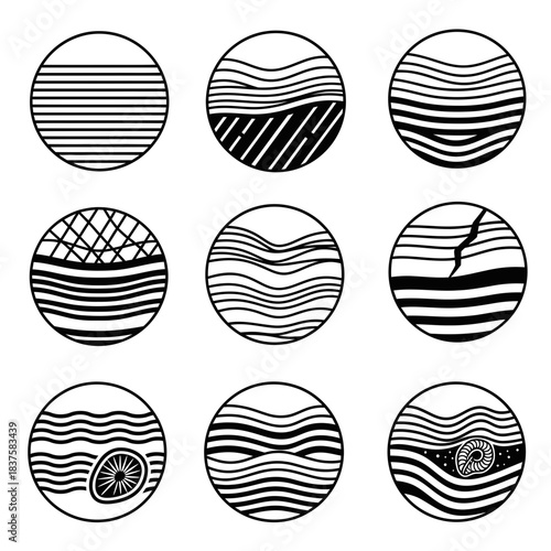 Striking collection of nine abstract circular icons representing geology layers seismic activity and natural patterns