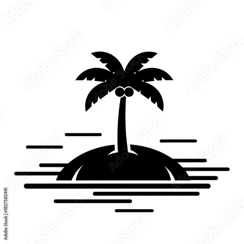 Minimalist black and white icon of a solitary palm tree on a small desert island surrounded by stylized water lines