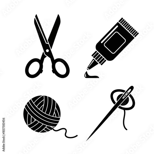 Essential crafting tools collection featuring scissors yarn needle and adhesive for creative hobby projects and handmade design work
