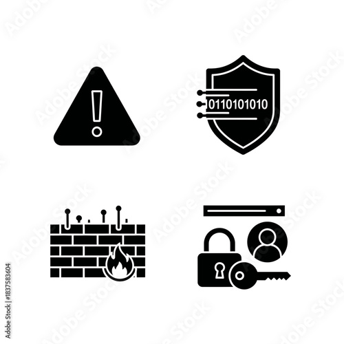 Essential cybersecurity icons covering network security data protection threat alert and secure access management for digital safety