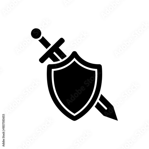 Bold black silhouette of a medieval shield crossed with a sharp sword symbolizing protection and defense in an icon style
