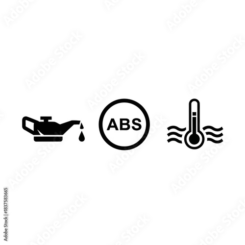 Essential vehicle warning light icons for low oil pressure ABS system and engine overheating maintenance alerts