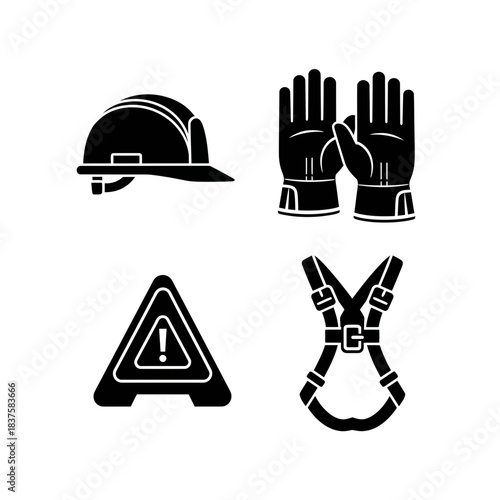 Essential construction safety gear icons featuring hard hat gloves warning sign and fall protection harness for industrial work