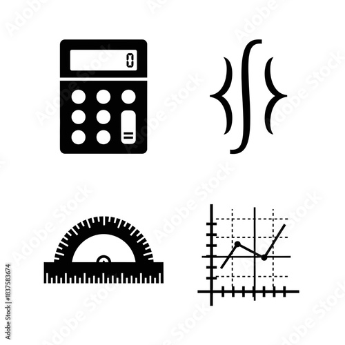 Essential collection of professional mathematics and data analysis tools featuring a calculator protractor and line graph icons