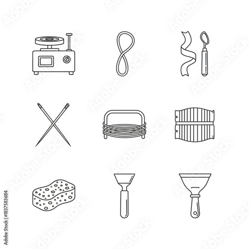 Collection of essential crafting and construction outline icons featuring kitchen scale knitting needles and various tools for DIY projects