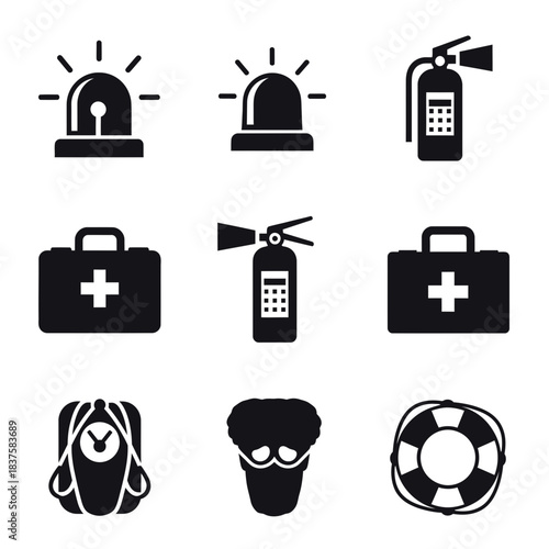 Professional collection of essential safety and emergency response icons including fire protection medical aid and warning signals