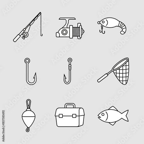 Essential outline icons capturing every tool needed for a successful recreational fishing trip or angling adventure in nature