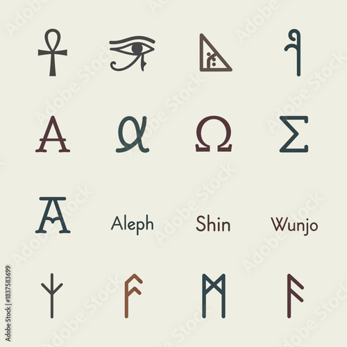 Collection of ancient symbols and alphabet letters from Egyptian Greek and runic scripts offering mystic historical design elements