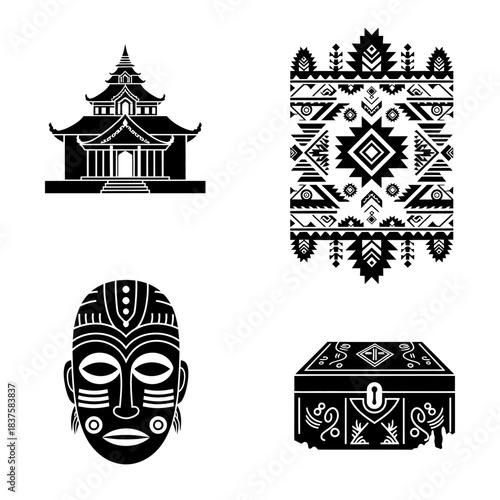Stunning collection of global cultural icons featuring temple architecture tribal art mask and ornate treasure chest