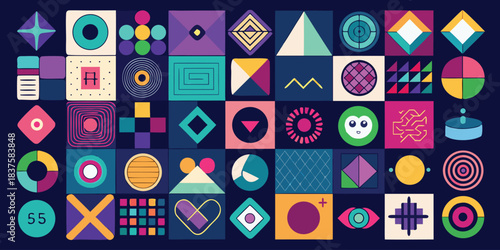 Vibrant geometric icons on dark blue background grid