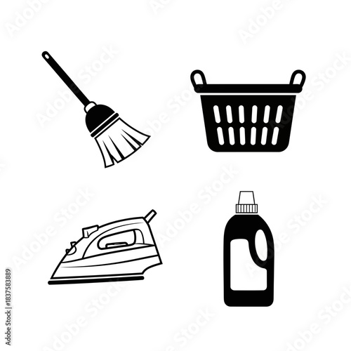 Essential household cleaning icons featuring a broom, laundry basket, iron, and detergent bottle for chore graphics