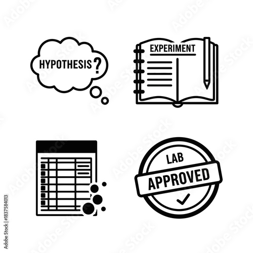 Essential science icons detailing hypothesis testing research data recording and guaranteed laboratory approval for research projects