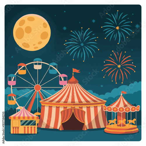 Illustration of a vintage carnival at night with ferris wheel and fireworks for entertainment and fun