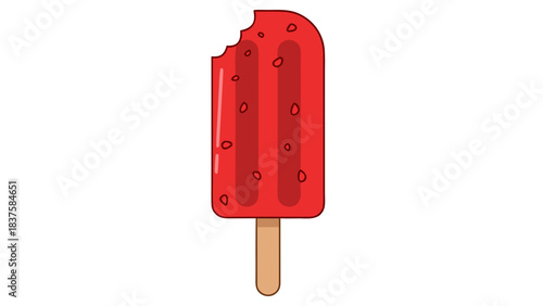 A Red Popsicle With A Bite Taken Out Displaying Small Seeds On A Black Background With Simple Minimalist Design