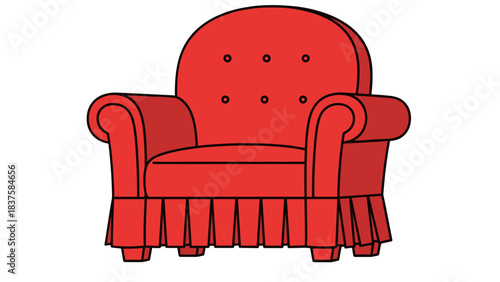 A Red Upholstered Armchair with Button Tufting and Pleated Skirt Detailed Outline on Black Background