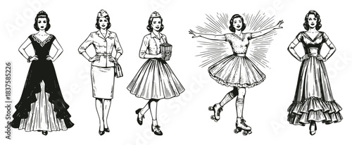 Monochrome vector set of women in 1950s vintage dresses, suits, and roller skates. Retro fashion, elegant gowns, rockabilly style for design projects.