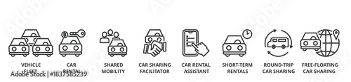 Car sharing banner vector illustration concept with icon of vehicle fleet, car rental, shared mobility, car sharing facilitator, car rental assistant, short time rentals, round trip car sharing