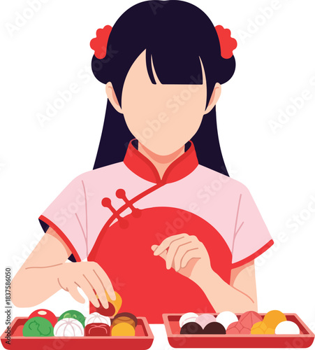 Girl in chinese dress making tangyuan dumplings. Suitable for chinese new year, food blogs, cultural themes. Traditional and colorful.
