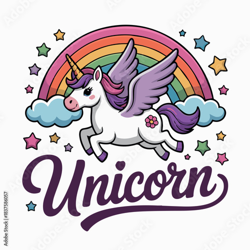 Cute unicorn with rainbow and stars illustration for kids party decoration and fantasy themed designs art